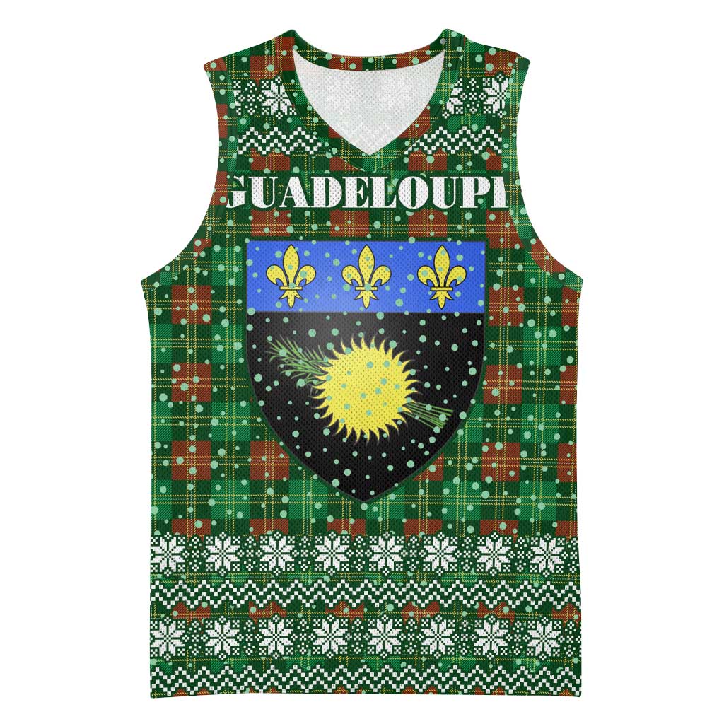 Guadeloupe Christmas Basketball Jersey with Green-Red Plaid Design, Sun and Sugarcane Emblem, and Santa Sleigh Motif - Wonder Print Shop