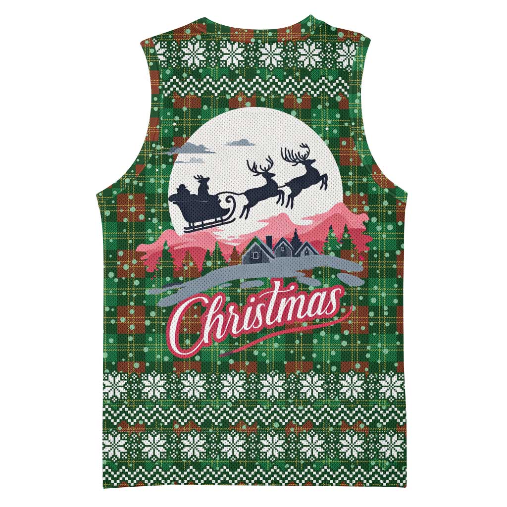Guadeloupe Christmas Basketball Jersey with Green-Red Plaid Design, Sun and Sugarcane Emblem, and Santa Sleigh Motif - Wonder Print Shop