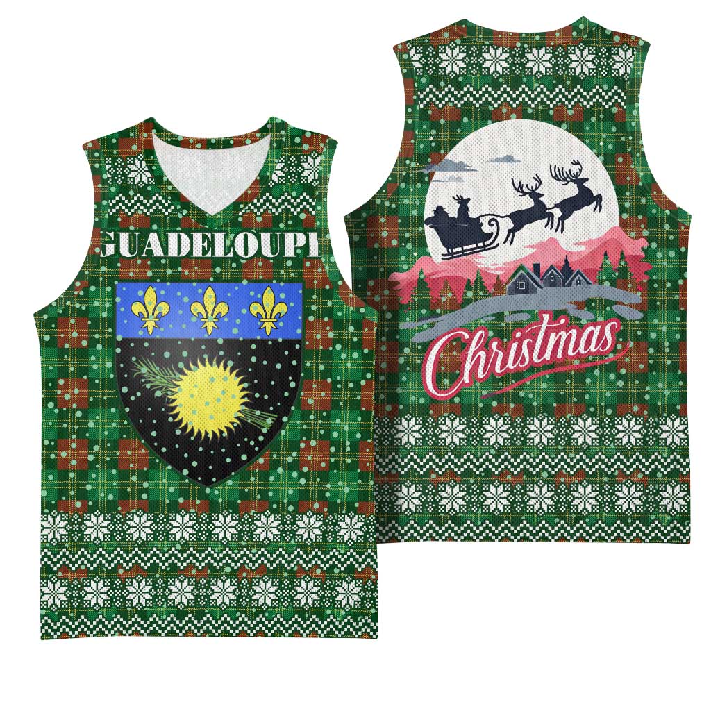 Guadeloupe Christmas Basketball Jersey with Green-Red Plaid Design, Sun and Sugarcane Emblem, and Santa Sleigh Motif - Wonder Print Shop