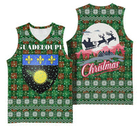Guadeloupe Christmas Basketball Jersey with Green-Red Plaid Design, Sun and Sugarcane Emblem, and Santa Sleigh Motif - Wonder Print Shop