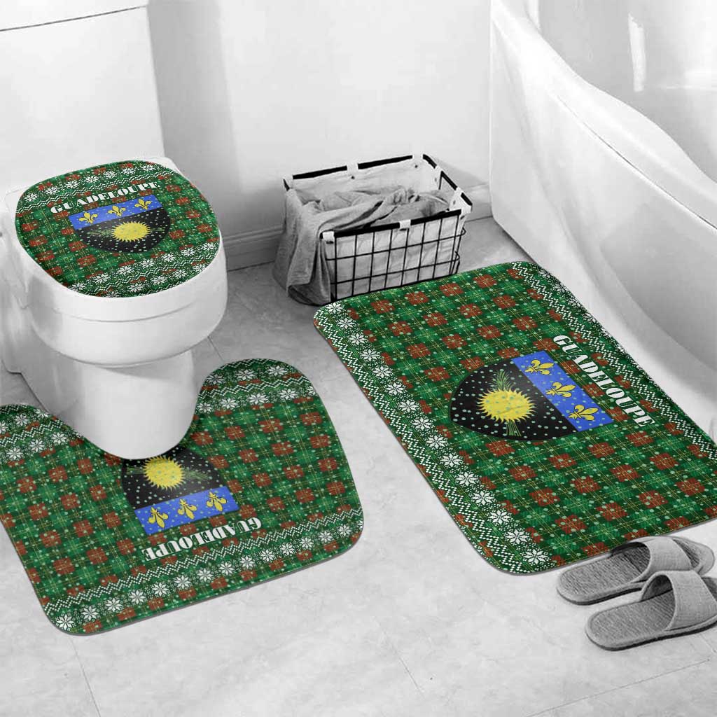 Guadeloupe Christmas Bathroom Set with Green-Red Plaid Design, Sun and Sugarcane Emblem, and Santa Sleigh Motif - Wonder Print Shop