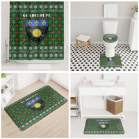 Guadeloupe Christmas Bathroom Set with Green-Red Plaid Design, Sun and Sugarcane Emblem, and Santa Sleigh Motif - Wonder Print Shop