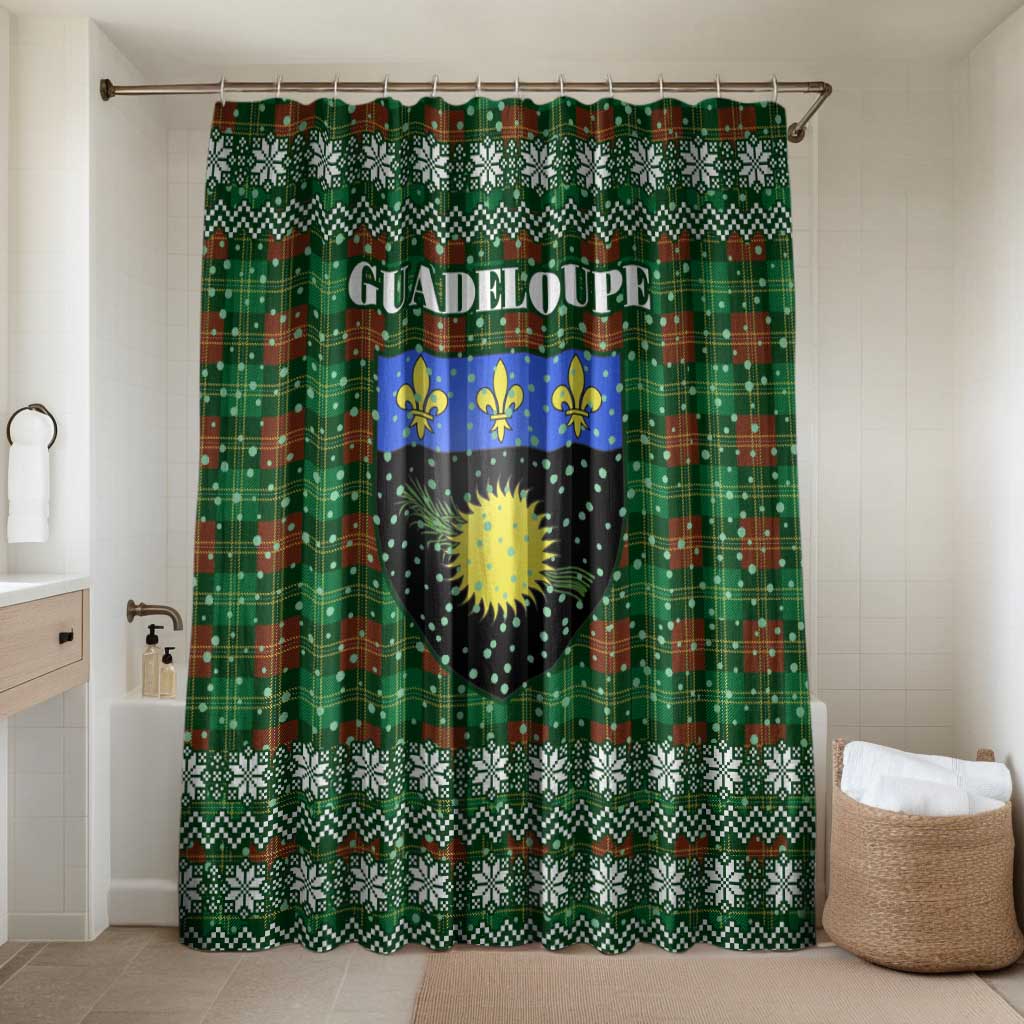 Guadeloupe Christmas Bathroom Set with Green-Red Plaid Design, Sun and Sugarcane Emblem, and Santa Sleigh Motif - Wonder Print Shop