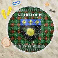 Guadeloupe Christmas Beach Blanket with Green-Red Plaid Design, Sun and Sugarcane Emblem, and Santa Sleigh Motif - Wonder Print Shop