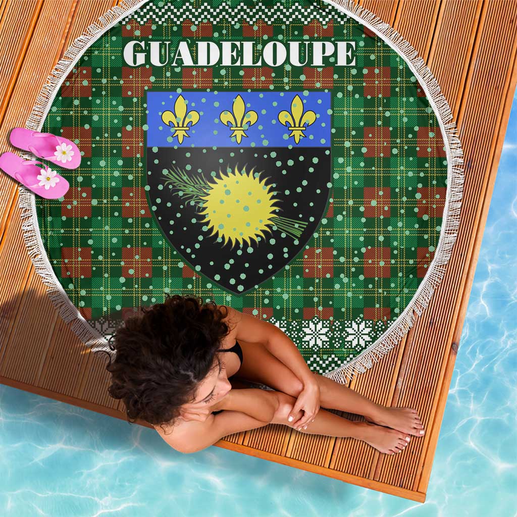 Guadeloupe Christmas Beach Blanket with Green-Red Plaid Design, Sun and Sugarcane Emblem, and Santa Sleigh Motif - Wonder Print Shop