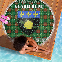Guadeloupe Christmas Beach Blanket with Green-Red Plaid Design, Sun and Sugarcane Emblem, and Santa Sleigh Motif - Wonder Print Shop
