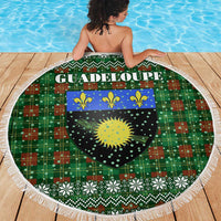 Guadeloupe Christmas Beach Blanket with Green-Red Plaid Design, Sun and Sugarcane Emblem, and Santa Sleigh Motif - Wonder Print Shop