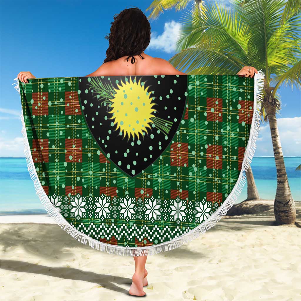 Guadeloupe Christmas Beach Blanket with Green-Red Plaid Design, Sun and Sugarcane Emblem, and Santa Sleigh Motif - Wonder Print Shop