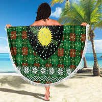 Guadeloupe Christmas Beach Blanket with Green-Red Plaid Design, Sun and Sugarcane Emblem, and Santa Sleigh Motif - Wonder Print Shop