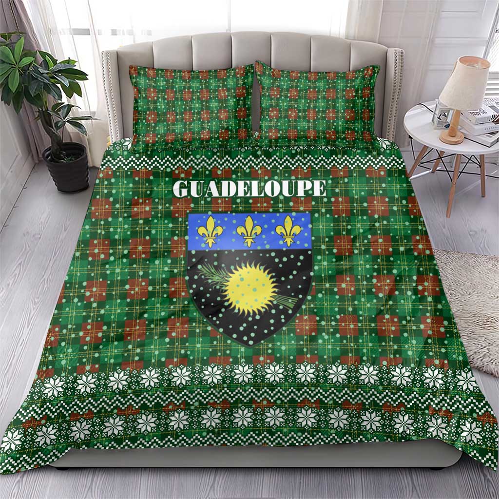 Guadeloupe Christmas Bedding Set with Green-Red Plaid Design, Sun and Sugarcane Emblem, and Santa Sleigh Motif - Wonder Print Shop