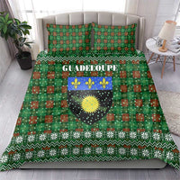 Guadeloupe Christmas Bedding Set with Green-Red Plaid Design, Sun and Sugarcane Emblem, and Santa Sleigh Motif - Wonder Print Shop