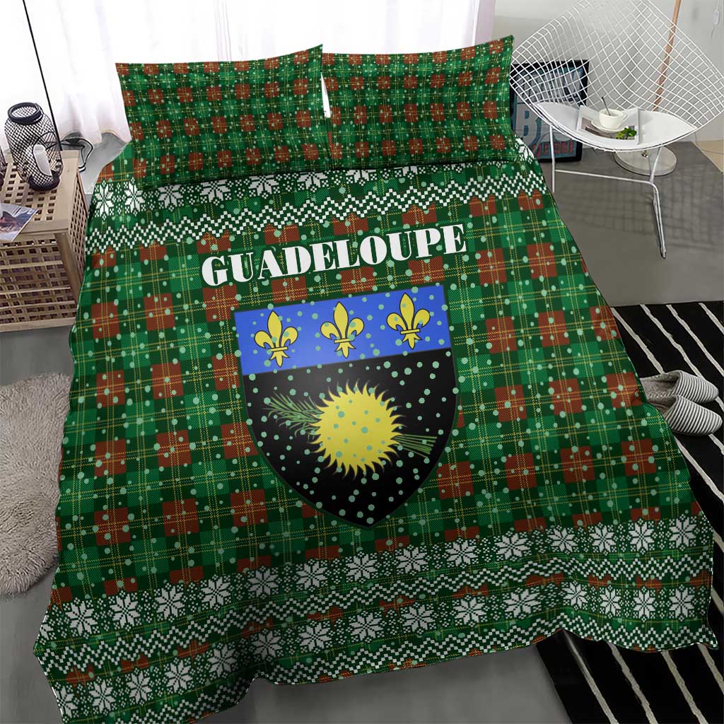 Guadeloupe Christmas Bedding Set with Green-Red Plaid Design, Sun and Sugarcane Emblem, and Santa Sleigh Motif - Wonder Print Shop