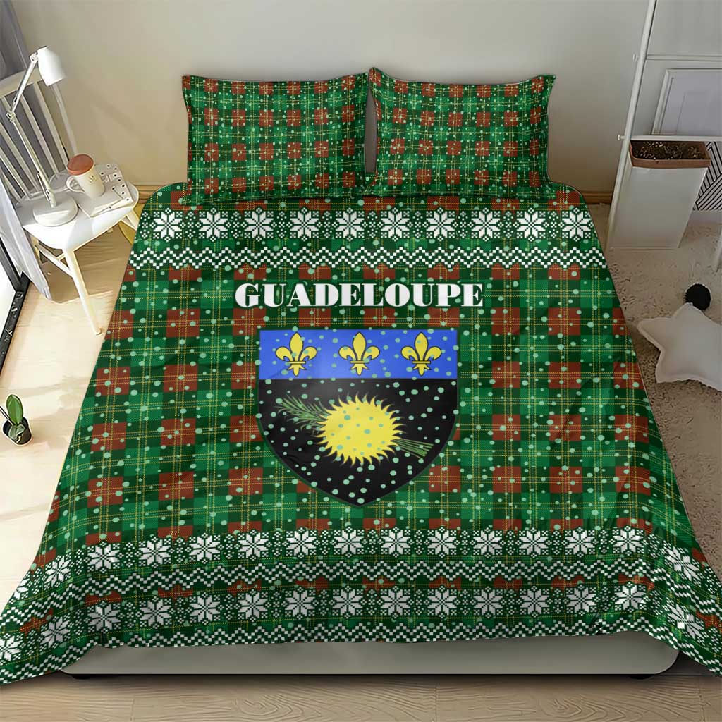 Guadeloupe Christmas Bedding Set with Green-Red Plaid Design, Sun and Sugarcane Emblem, and Santa Sleigh Motif - Wonder Print Shop