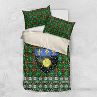 Guadeloupe Christmas Bedding Set with Green-Red Plaid Design, Sun and Sugarcane Emblem, and Santa Sleigh Motif - Wonder Print Shop