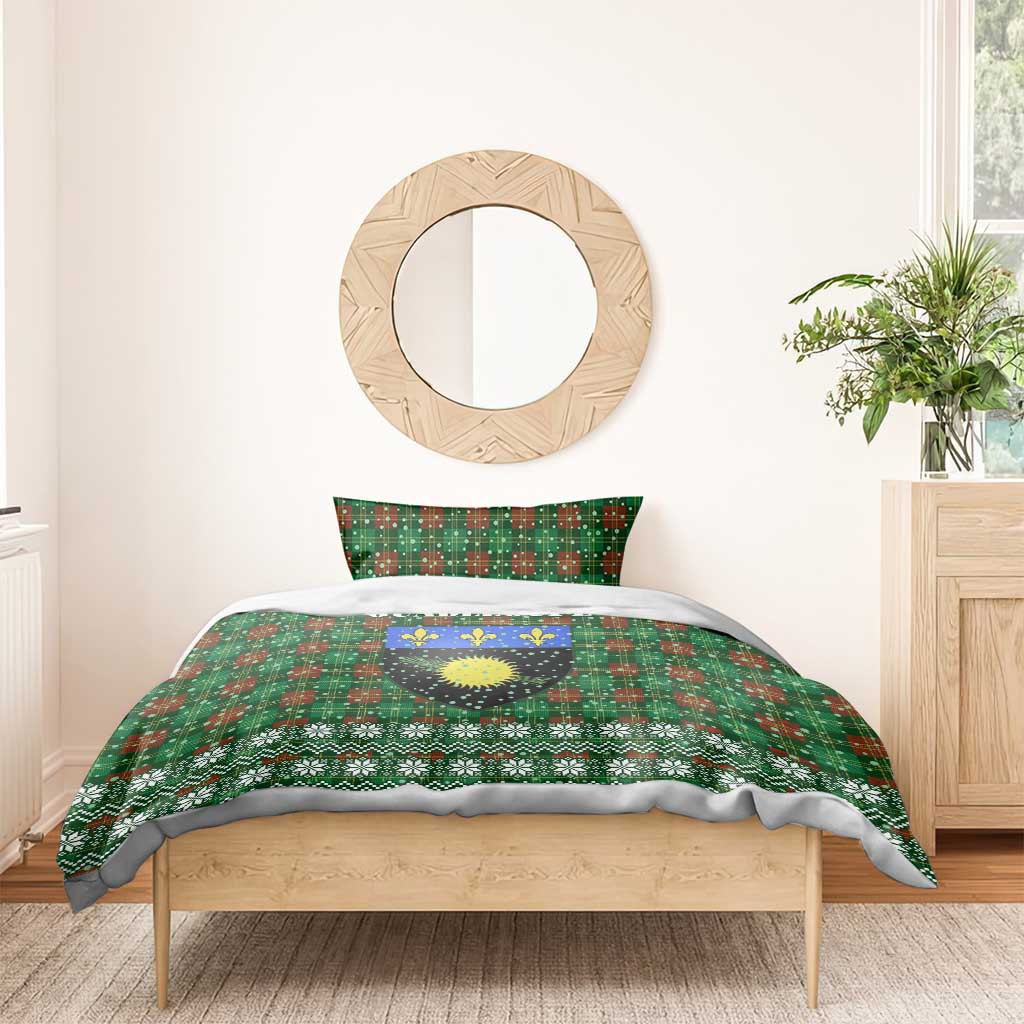 Guadeloupe Christmas Bedding Set with Green-Red Plaid Design, Sun and Sugarcane Emblem, and Santa Sleigh Motif - Wonder Print Shop