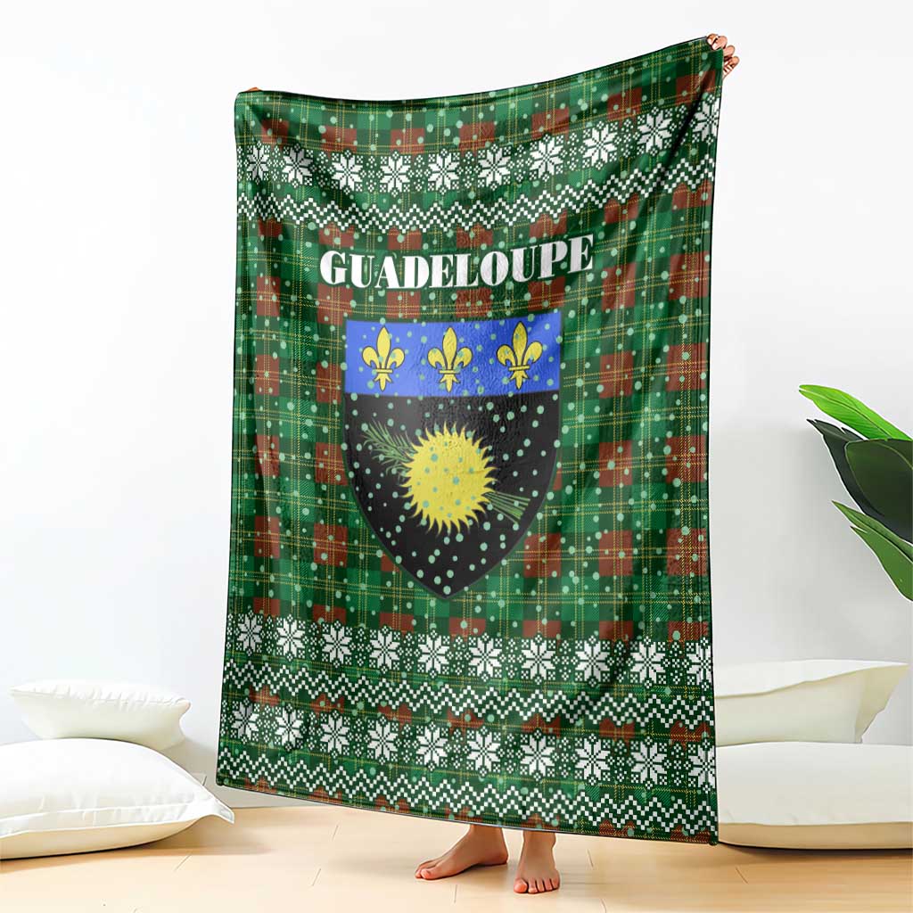 Guadeloupe Christmas Blanket with Green-Red Plaid Design, Sun and Sugarcane Emblem, and Santa Sleigh Motif - Wonder Print Shop