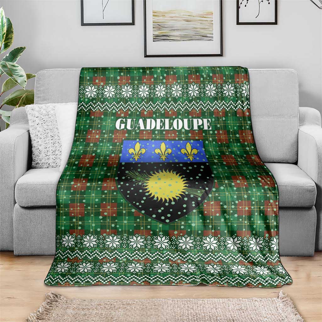 Guadeloupe Christmas Blanket with Green-Red Plaid Design, Sun and Sugarcane Emblem, and Santa Sleigh Motif - Wonder Print Shop