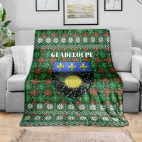 Guadeloupe Christmas Blanket with Green-Red Plaid Design, Sun and Sugarcane Emblem, and Santa Sleigh Motif - Wonder Print Shop