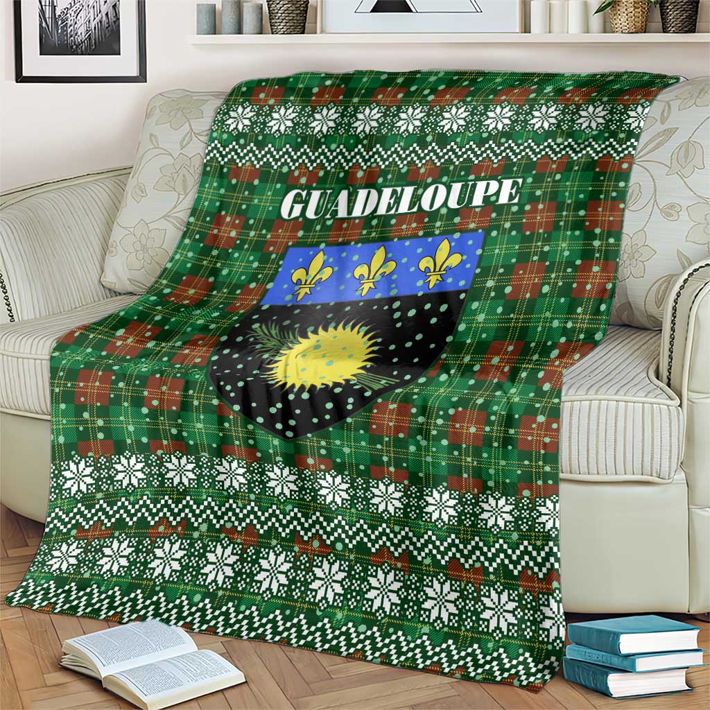 Guadeloupe Christmas Blanket with Green-Red Plaid Design, Sun and Sugarcane Emblem, and Santa Sleigh Motif - Wonder Print Shop