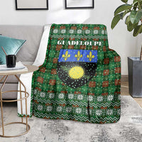 Guadeloupe Christmas Blanket with Green-Red Plaid Design, Sun and Sugarcane Emblem, and Santa Sleigh Motif - Wonder Print Shop