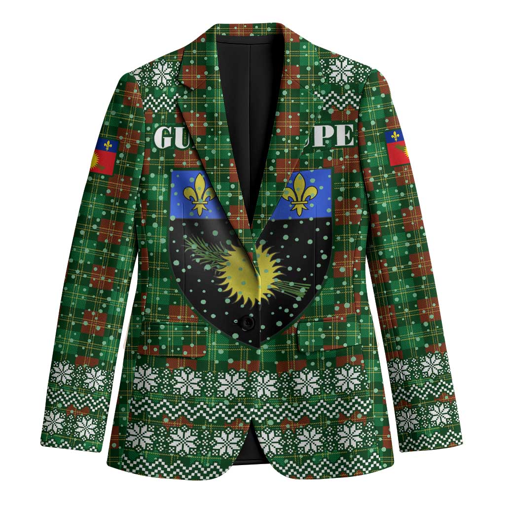 Guadeloupe Christmas Blazer with Green-Red Plaid Design, Sun and Sugarcane Emblem, and Santa Sleigh Motif - Wonder Print Shop