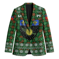 Guadeloupe Christmas Blazer with Green-Red Plaid Design, Sun and Sugarcane Emblem, and Santa Sleigh Motif - Wonder Print Shop