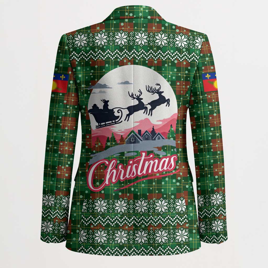 Guadeloupe Christmas Blazer with Green-Red Plaid Design, Sun and Sugarcane Emblem, and Santa Sleigh Motif - Wonder Print Shop