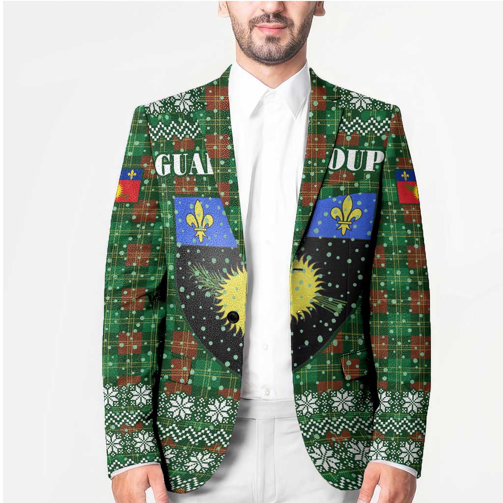 Guadeloupe Christmas Blazer with Green-Red Plaid Design, Sun and Sugarcane Emblem, and Santa Sleigh Motif - Wonder Print Shop