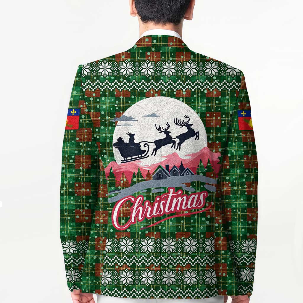 Guadeloupe Christmas Blazer with Green-Red Plaid Design, Sun and Sugarcane Emblem, and Santa Sleigh Motif - Wonder Print Shop