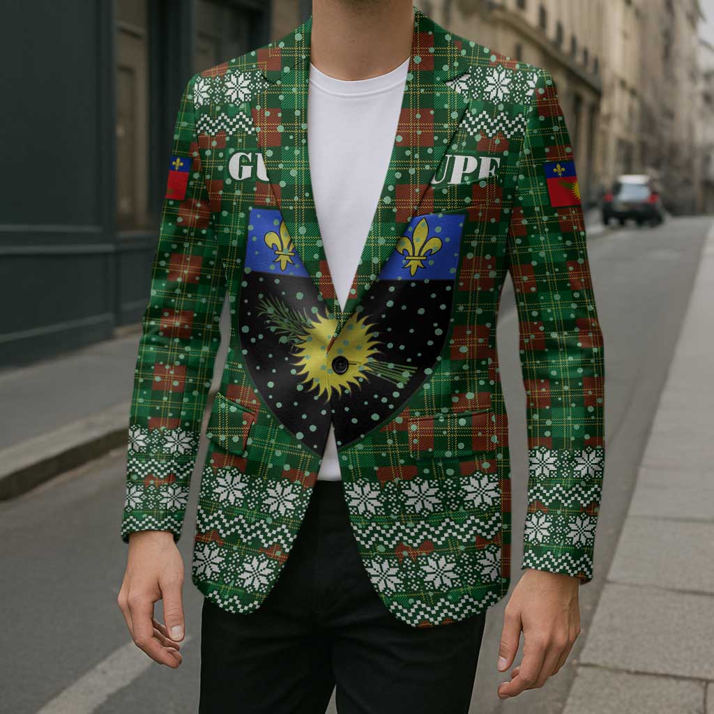 Guadeloupe Christmas Blazer with Green-Red Plaid Design, Sun and Sugarcane Emblem, and Santa Sleigh Motif - Wonder Print Shop
