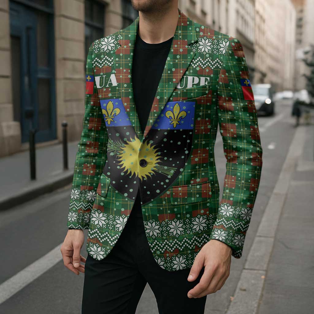Guadeloupe Christmas Blazer with Green-Red Plaid Design, Sun and Sugarcane Emblem, and Santa Sleigh Motif - Wonder Print Shop