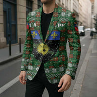 Guadeloupe Christmas Blazer with Green-Red Plaid Design, Sun and Sugarcane Emblem, and Santa Sleigh Motif - Wonder Print Shop