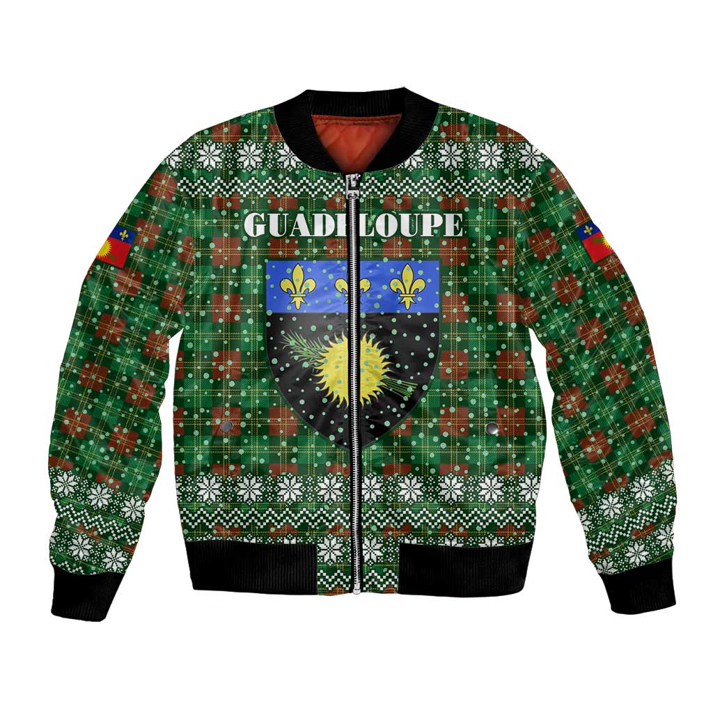Guadeloupe Christmas Bomber Jacket with Green-Red Plaid Design, Sun and Sugarcane Emblem, and Santa Sleigh Motif - Wonder Print Shop