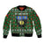 Guadeloupe Christmas Bomber Jacket with Green-Red Plaid Design, Sun and Sugarcane Emblem, and Santa Sleigh Motif - Wonder Print Shop