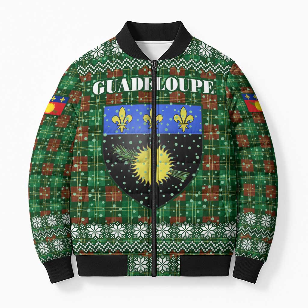 Guadeloupe Christmas Bomber Puffer Jacket with Green-Red Plaid Design, Sun and Sugarcane Emblem, and Santa Sleigh Motif - Wonder Print Shop
