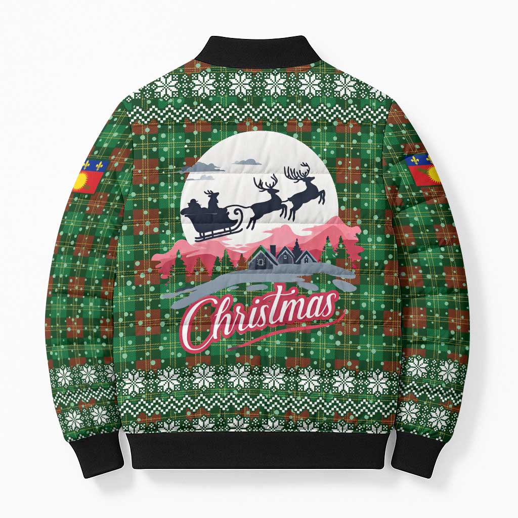 Guadeloupe Christmas Bomber Puffer Jacket with Green-Red Plaid Design, Sun and Sugarcane Emblem, and Santa Sleigh Motif - Wonder Print Shop