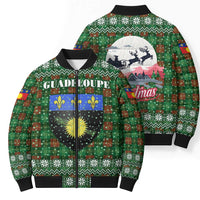 Guadeloupe Christmas Bomber Puffer Jacket with Green-Red Plaid Design, Sun and Sugarcane Emblem, and Santa Sleigh Motif - Wonder Print Shop