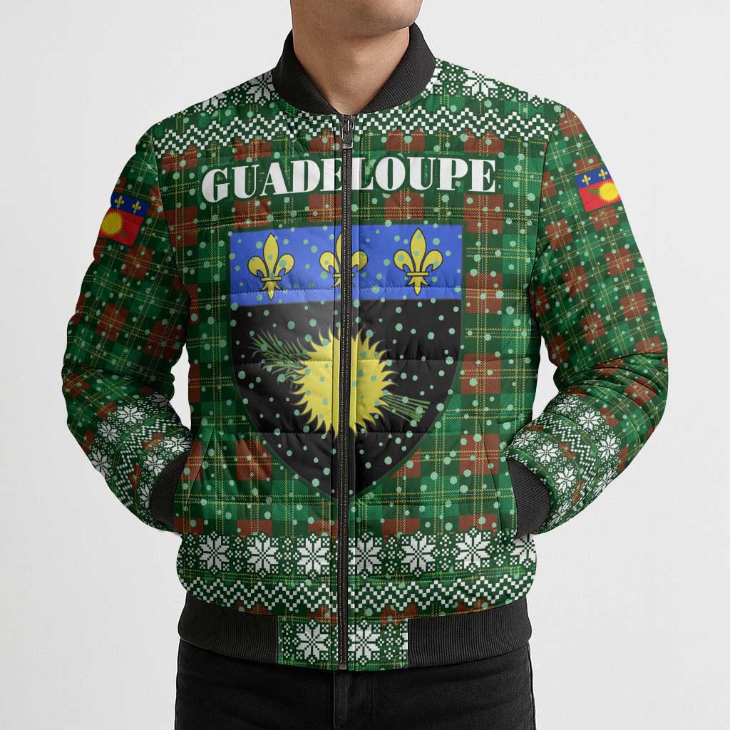 Guadeloupe Christmas Bomber Puffer Jacket with Green-Red Plaid Design, Sun and Sugarcane Emblem, and Santa Sleigh Motif - Wonder Print Shop
