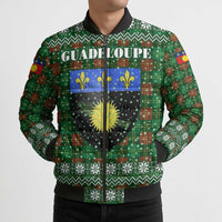 Guadeloupe Christmas Bomber Puffer Jacket with Green-Red Plaid Design, Sun and Sugarcane Emblem, and Santa Sleigh Motif - Wonder Print Shop