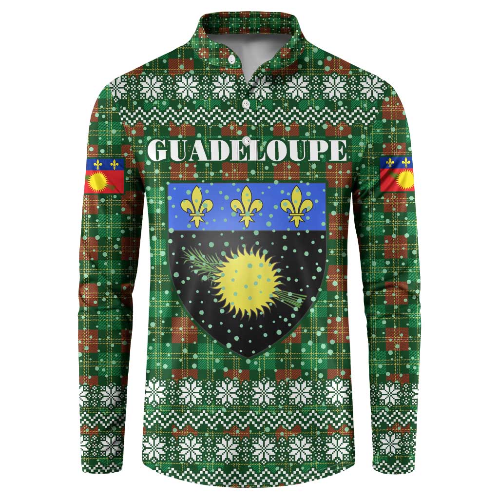 Guadeloupe Christmas Button Sweatshirt with Green-Red Plaid Design, Sun and Sugarcane Emblem, and Santa Sleigh Motif - Wonder Print Shop