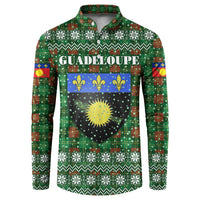 Guadeloupe Christmas Button Sweatshirt with Green-Red Plaid Design, Sun and Sugarcane Emblem, and Santa Sleigh Motif - Wonder Print Shop