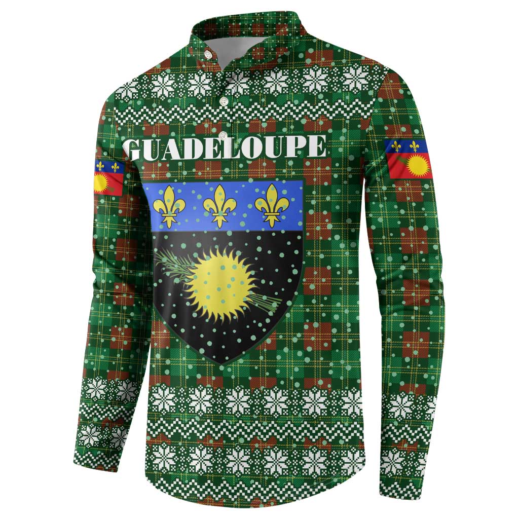 Guadeloupe Christmas Button Sweatshirt with Green-Red Plaid Design, Sun and Sugarcane Emblem, and Santa Sleigh Motif - Wonder Print Shop