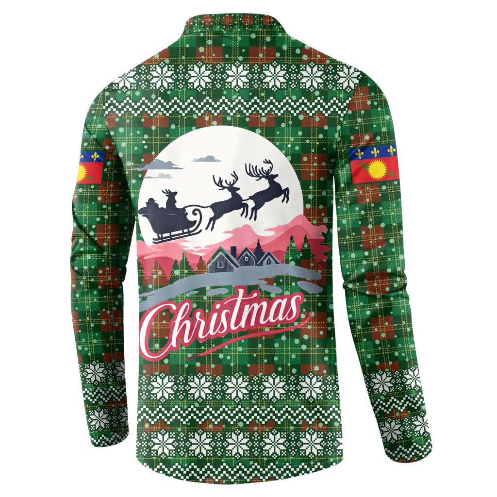 Guadeloupe Christmas Button Sweatshirt with Green-Red Plaid Design, Sun and Sugarcane Emblem, and Santa Sleigh Motif - Wonder Print Shop