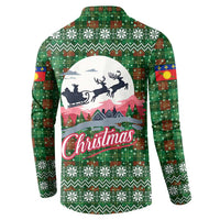 Guadeloupe Christmas Button Sweatshirt with Green-Red Plaid Design, Sun and Sugarcane Emblem, and Santa Sleigh Motif - Wonder Print Shop