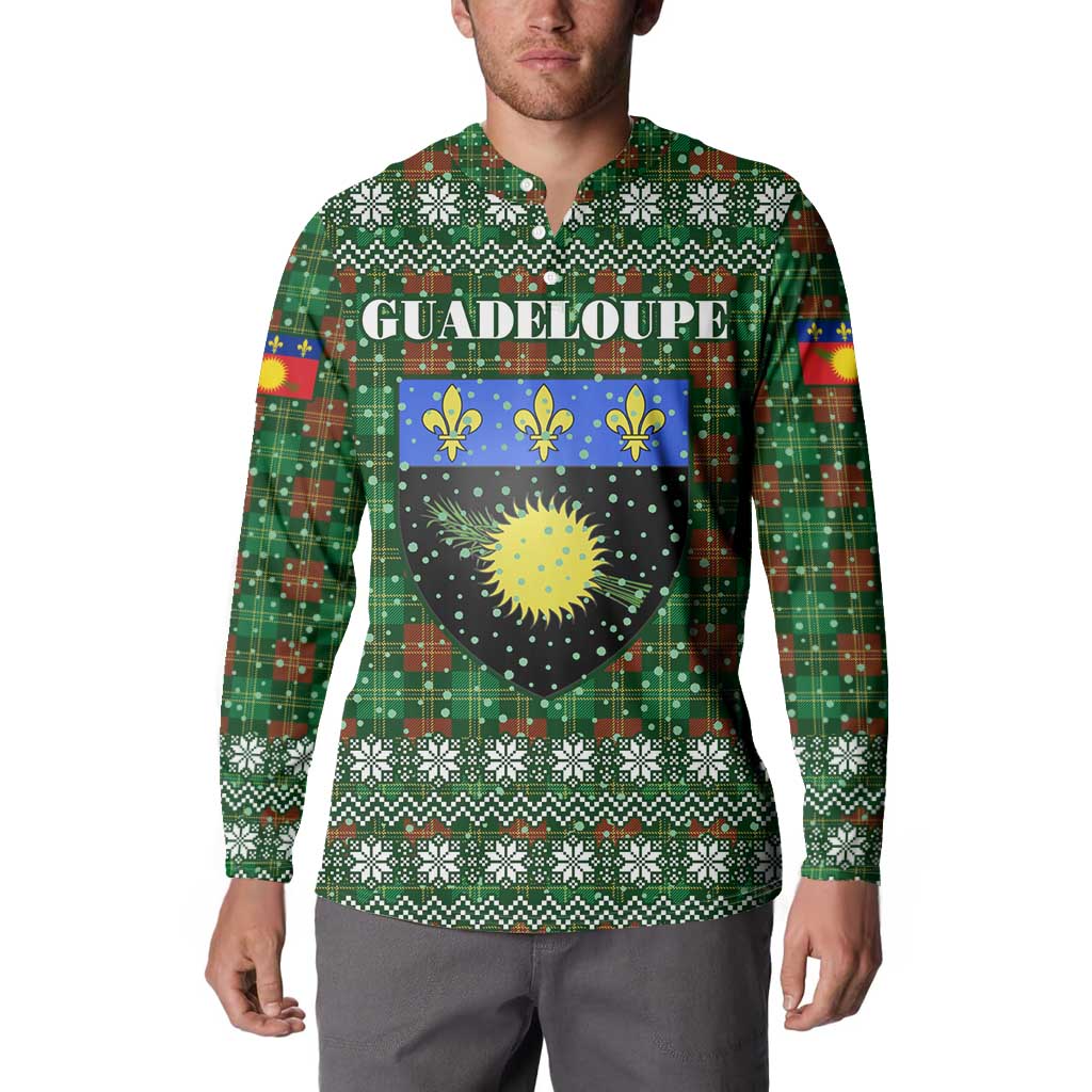 Guadeloupe Christmas Button Sweatshirt with Green-Red Plaid Design, Sun and Sugarcane Emblem, and Santa Sleigh Motif - Wonder Print Shop