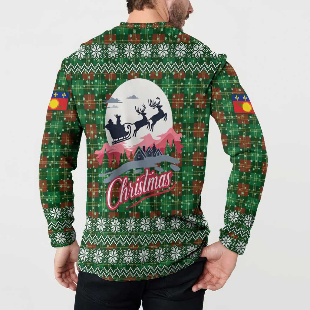 Guadeloupe Christmas Button Sweatshirt with Green-Red Plaid Design, Sun and Sugarcane Emblem, and Santa Sleigh Motif - Wonder Print Shop