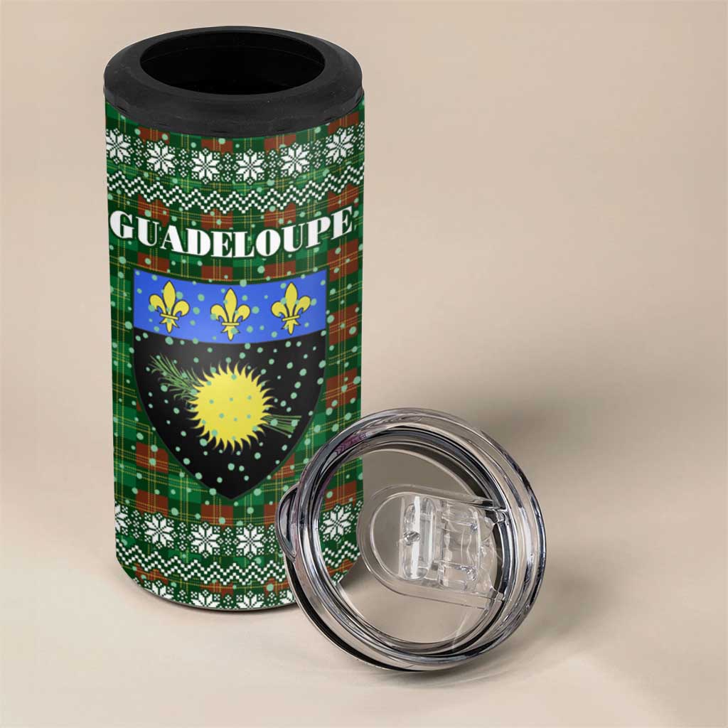 Guadeloupe Christmas 4 in 1 Can Cooler Tumbler with Green-Red Plaid Design, Sun and Sugarcane Emblem, and Santa Sleigh Motif - Wonder Print Shop