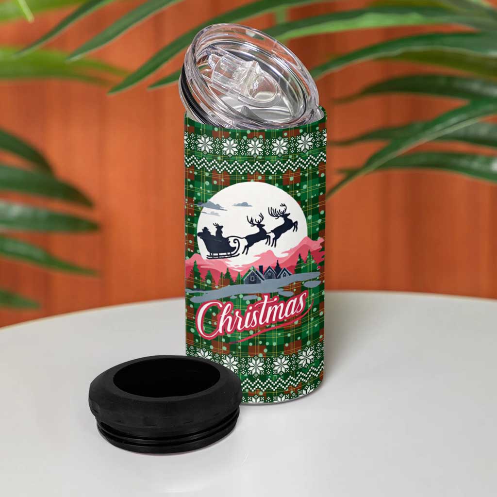 Guadeloupe Christmas 4 in 1 Can Cooler Tumbler with Green-Red Plaid Design, Sun and Sugarcane Emblem, and Santa Sleigh Motif - Wonder Print Shop