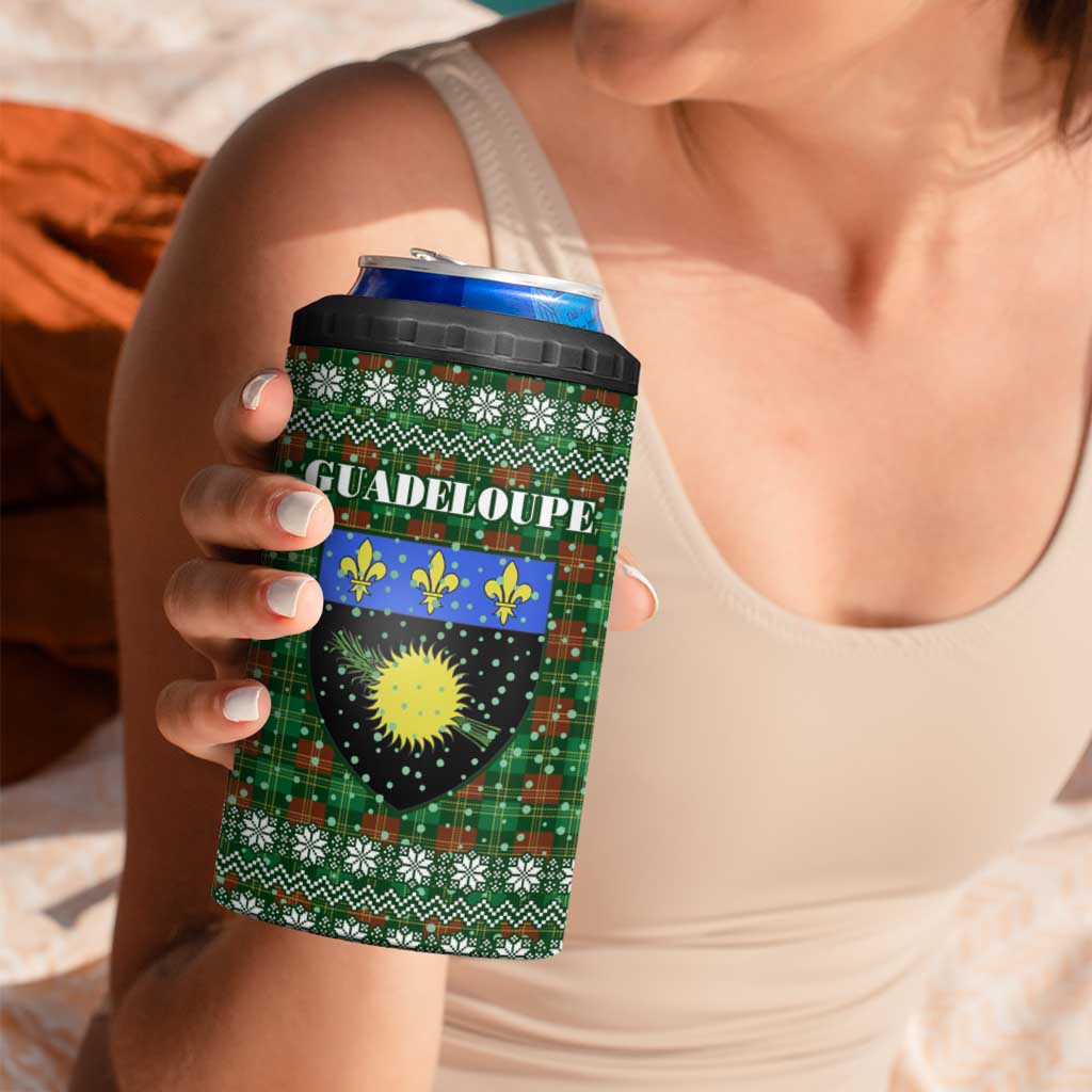 Guadeloupe Christmas 4 in 1 Can Cooler Tumbler with Green-Red Plaid Design, Sun and Sugarcane Emblem, and Santa Sleigh Motif - Wonder Print Shop