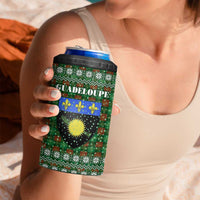 Guadeloupe Christmas 4 in 1 Can Cooler Tumbler with Green-Red Plaid Design, Sun and Sugarcane Emblem, and Santa Sleigh Motif - Wonder Print Shop